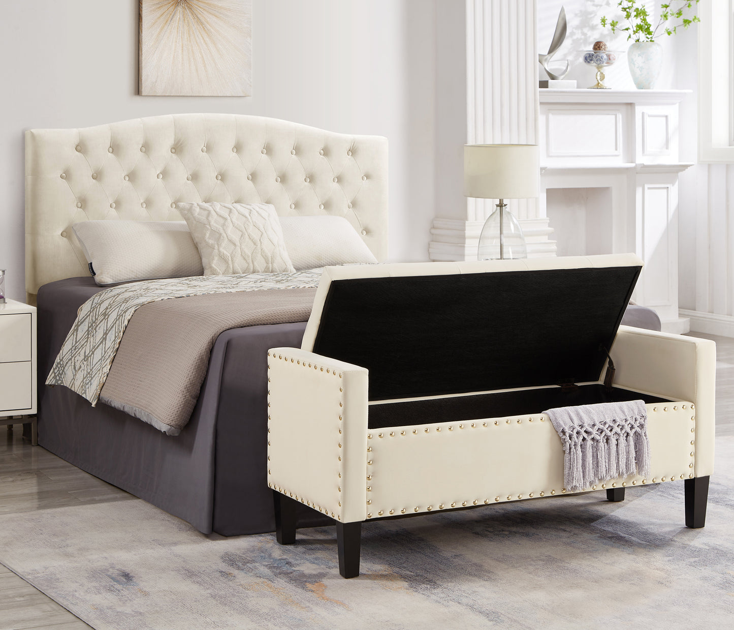 Upholstered Tufted Button Storage Bench with nails trim,Entryway Living Room Soft Padded Seat with Armrest,Bed Bench - Cream