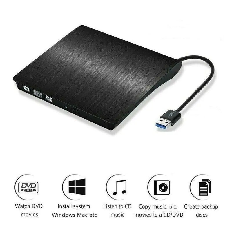 Slim External CD DVD RW Drive USB 3.0 Writer Burner Player Black For Laptop PC