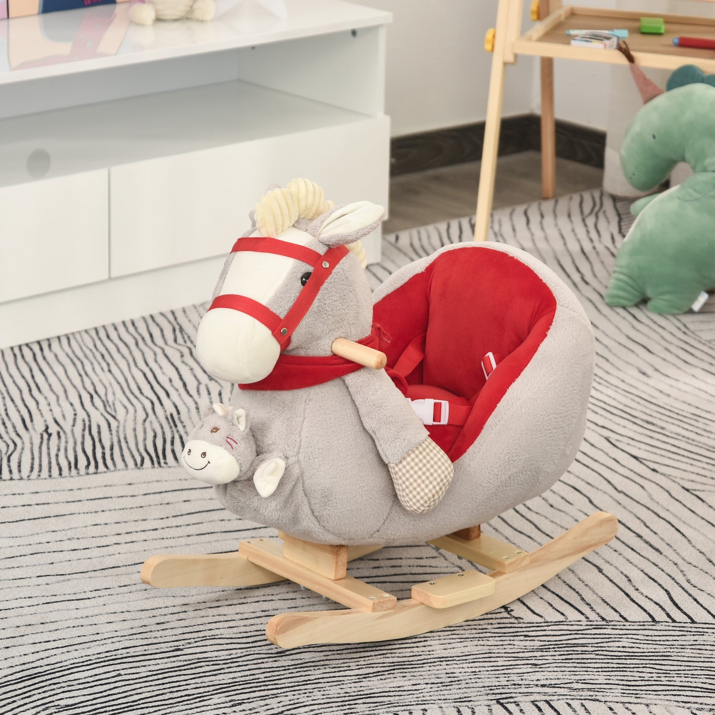 Kids Ride-On Rocking Horse Toy, Rocker with Lullaby Song, Hand Puppets & Soft Plush Fabric for Children 18-36 Months, Gray
