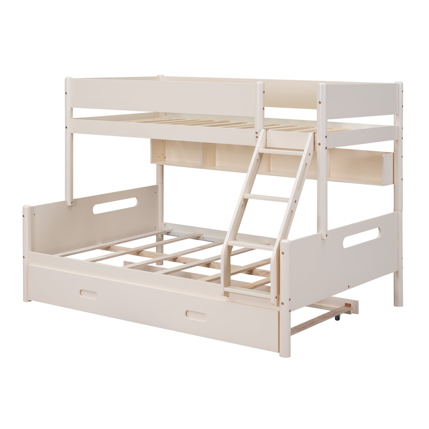 Wood Twin over Full Bunk Bed with Storage Shelves and Twin Size Trundle, Cream