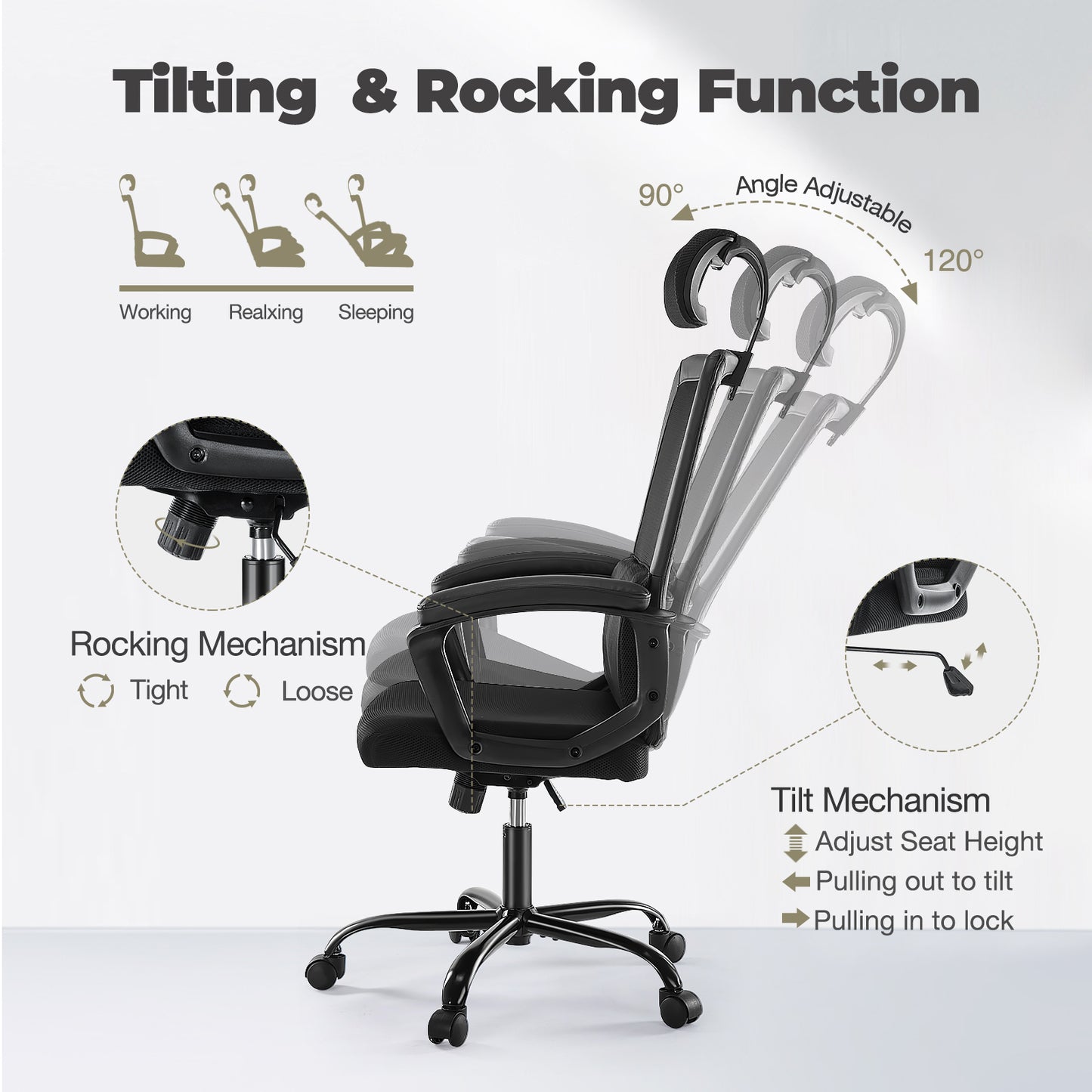 Sweetcrispy Ergonomic Office Chair High Back Mesh Gaming Desk Chair with Adjustable Headrest and Lumbar Support