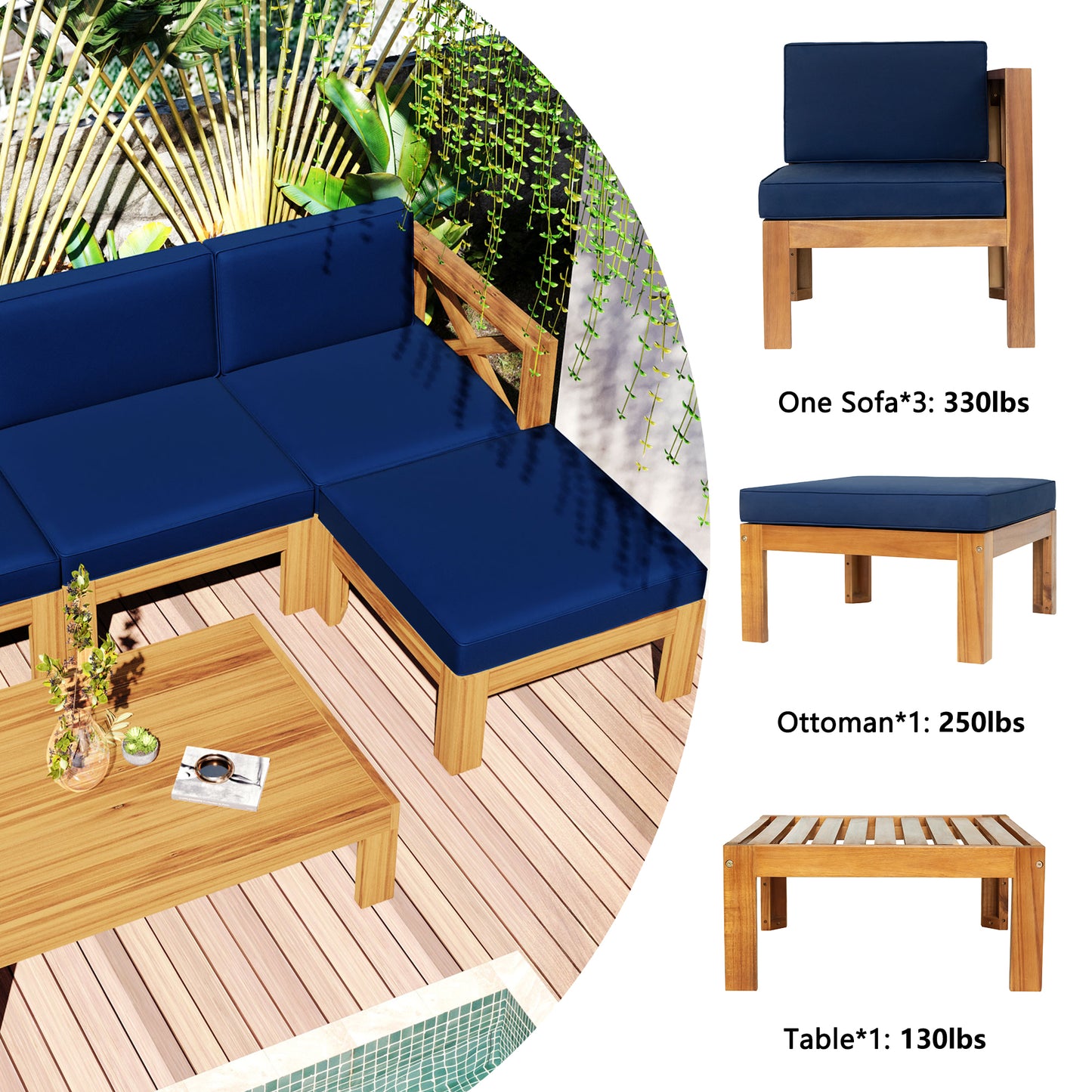 TOPMAX Outdoor Backyard Patio Wood 5-Piece Sectional Sofa Seating Group Set with Cushions, Natural Finish+ Blue Cushions