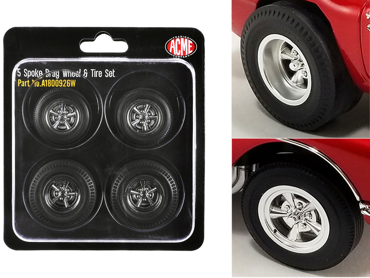 5 Spoke Drag Wheel and Tire Set of 4 pieces for 1/18 Scale Models by ACME-0