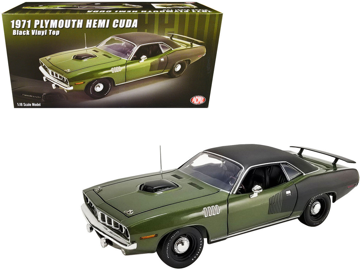 1971 Plymouth Hemi Barracuda Ivy Green with Black Graphics and Black Vinyl Top Limited Edition to 276 pieces Worldwide 1/18 Diecast Model Car by ACME-0