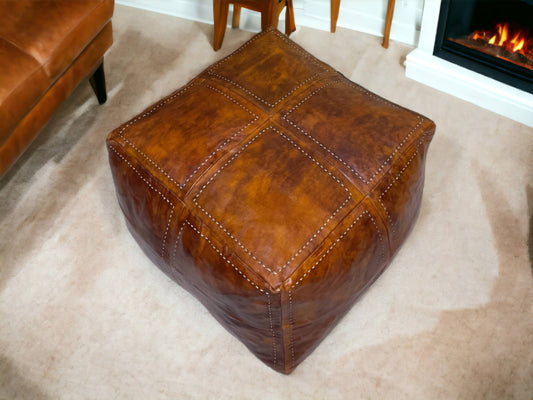 Elevate Your Living Space with Our Luxurious Tobacco  Square Leather Pouf-0