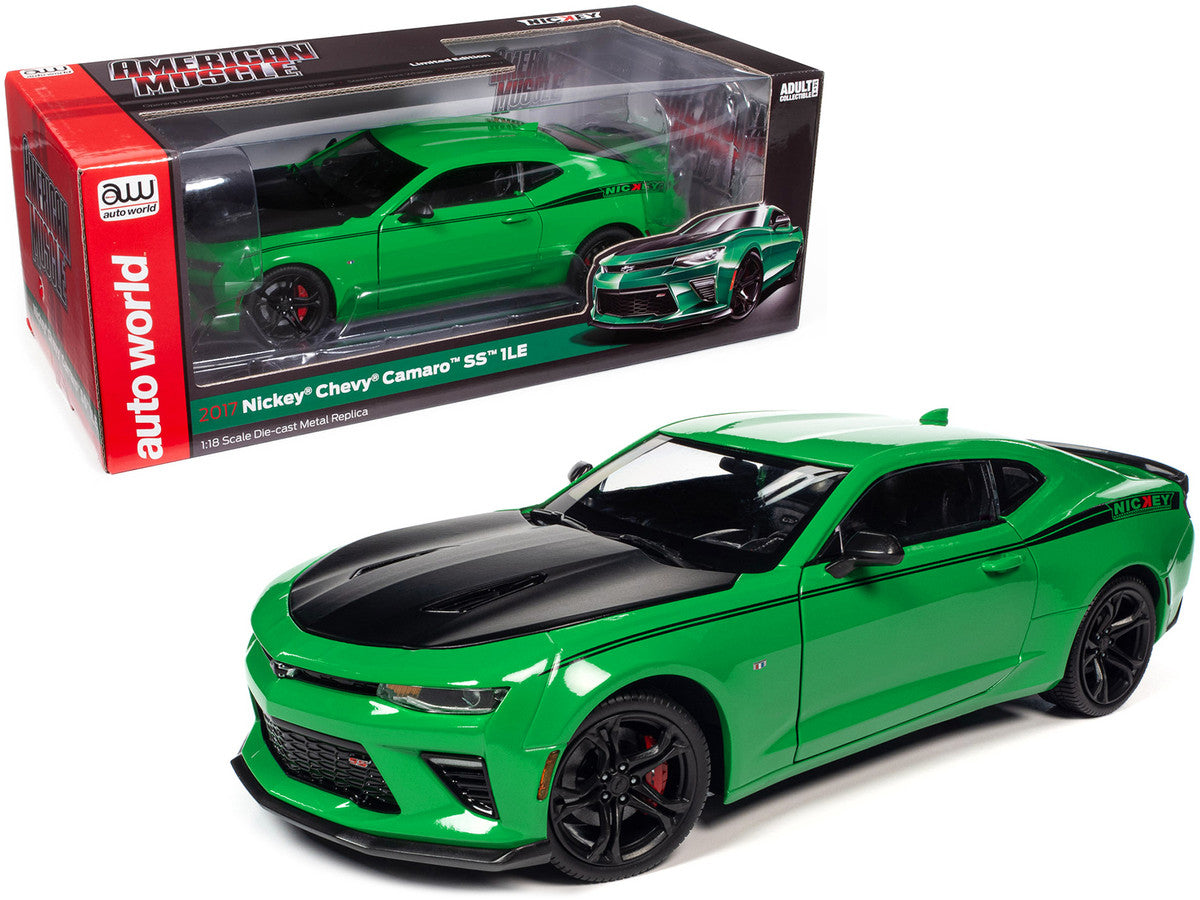 2017 Chevrolet Nickey Camaro SS 1LE Krypton Green with Matt Black Hood and Black Stripes 1/18 Diecast Model Car by Auto World-0