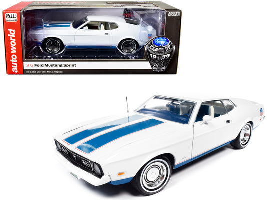 1972 Ford Mustang Sprint White with Blue Stripes "Class of 1972" "American Muscle" Series 1/18 Diecast Model Car by Auto World-0