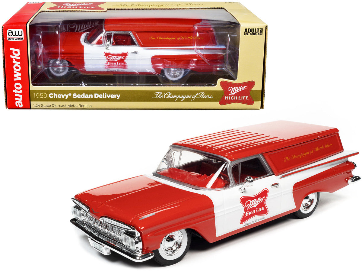 1959 Chevrolet Sedan Delivery Car Red and White "Miller High Life: The Champagne of Beers" 1/24 Diecast Model Car by Auto World-0