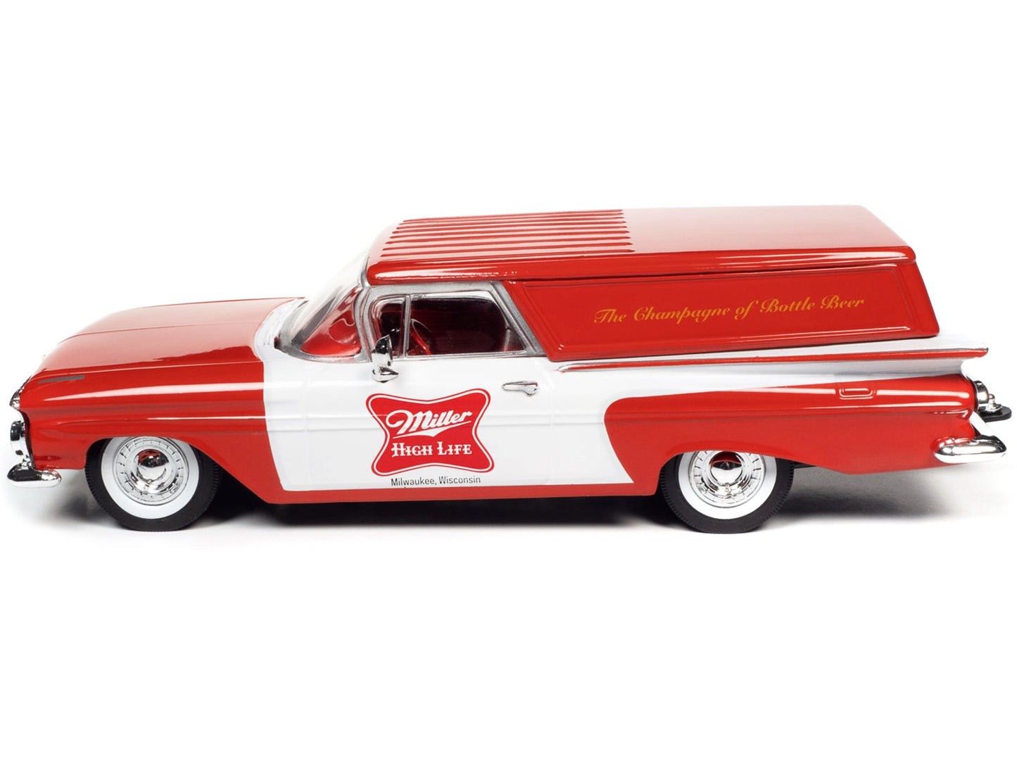 1959 Chevrolet Sedan Delivery Car Red and White "Miller High Life: The Champagne of Beers" 1/24 Diecast Model Car by Auto World