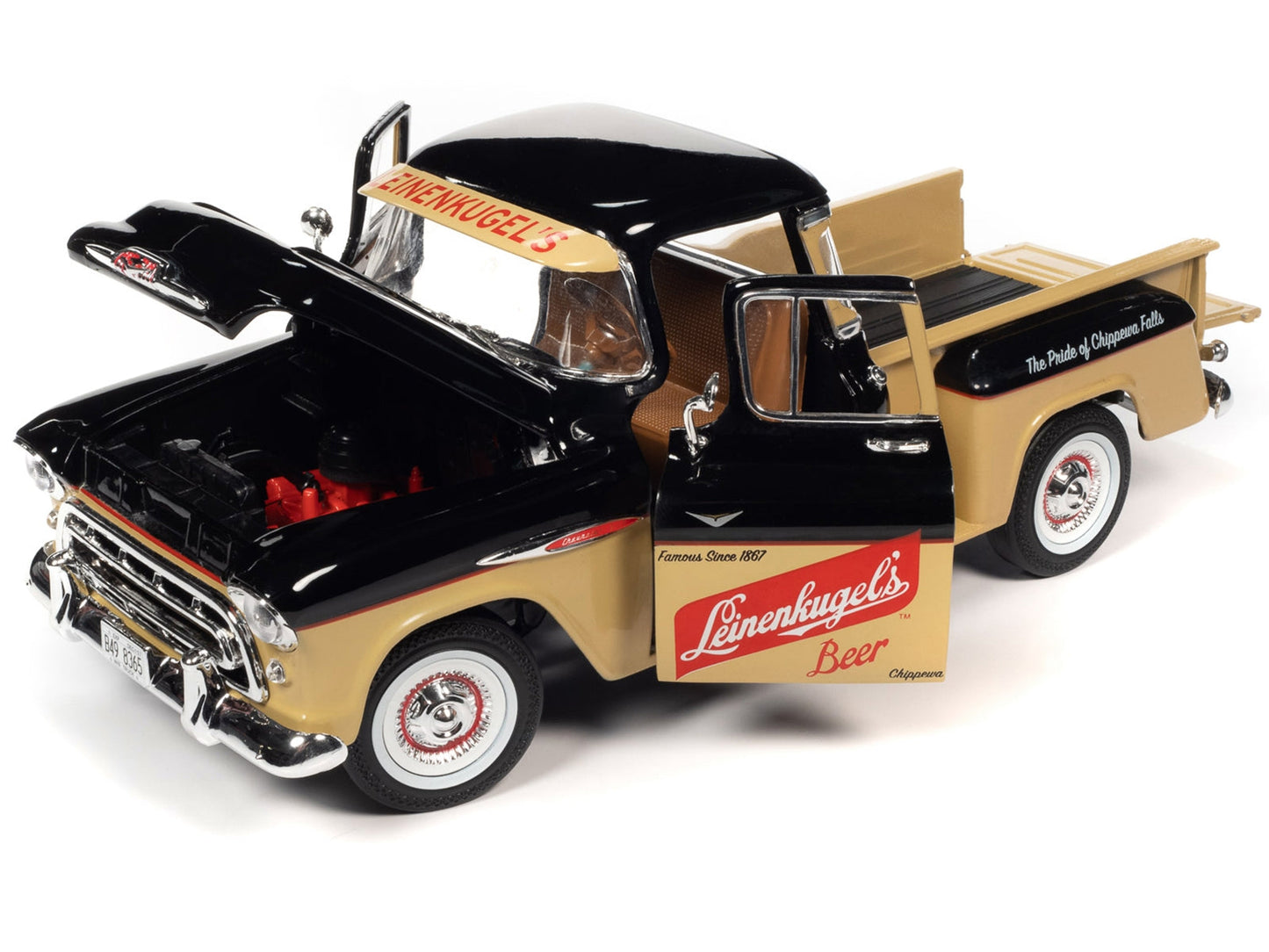 1957 Chevrolet 3100 Stepside Pickup Truck Black and Tan with Graphics "Leinenkugle's Beer The Pride of Chippewa Falls" 1/18 Diecast Model by Auto World