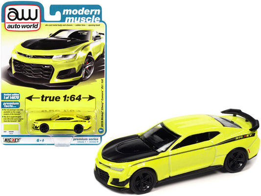 2019 Chevrolet Camaro Nickey ZL1 1LE Shock Yellow with Matt Black Hood and Stripes "Modern Muscle" Limited Edition to 14670 pieces Worldwide 1/64 Diecast Model Car by Auto World-0