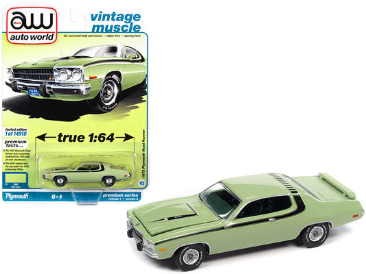 1973 Plymouth Road Runner 440 Mist Green with Black Stripes and Green Interior "Vintage Muscle" Limited Edition to 14910 pieces Worldwide 1/64 Diecast Model Car by Auto World-0