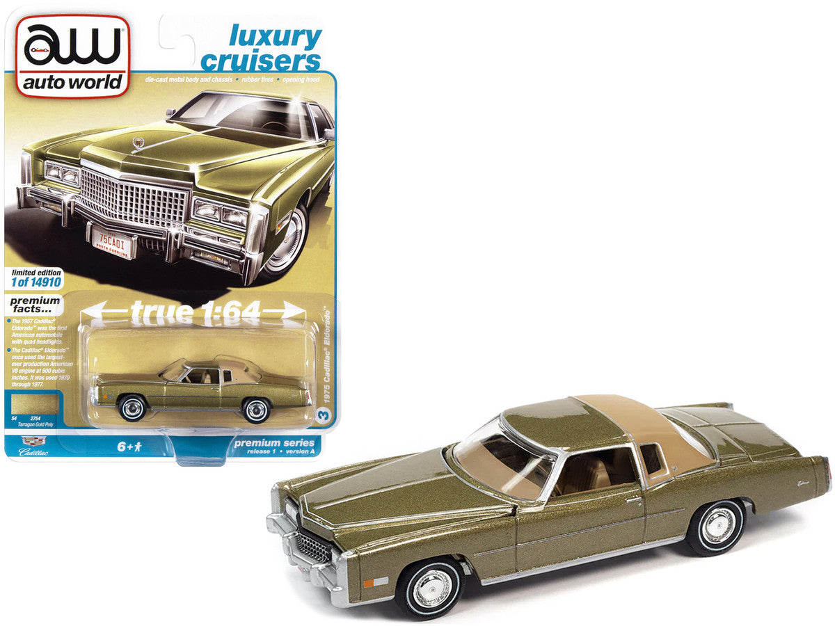 1975 Cadillac Eldorado Tarragon Gold Metallic with Rear Section of Roof Sandalwood Tan "Luxury Cruisers" Limited Edition to 14910 pieces Worldwide 1/64 Diecast Model Car by Auto World-0