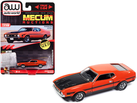 1971 Ford Mustang Boss 351 Calypso Coral Orange with Black Hood and Stripes "Mecum Auctions" Limited Edition to 2496 pieces Worldwide "Premium" Series 1/64 Diecast Model Car by Auto World-0