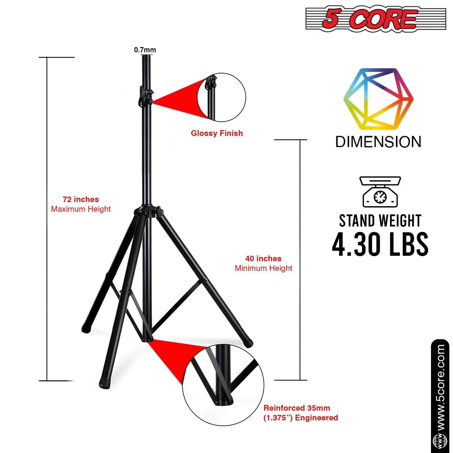 5Core Speaker Stand Tripod Tall Adjustable 72 Inch DJ Studio Monitor Stands Pole Mount BLACK-2