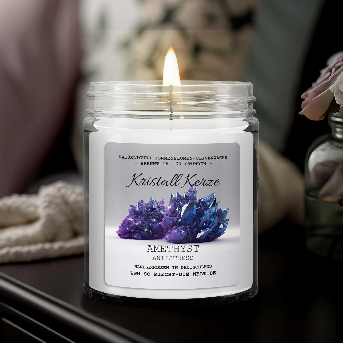 ANTISTRESS - Amethyst Kristall Duftkerze - Wasserjasmin | Meersalzrose | Ozon - Heilende Kerze, Edelsteine, Reiki, Kristall, Stein, Heilung, Reinigung, Meditation-0