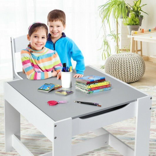 Kids Table Chairs Set With Storage Boxes Blackboard Whiteboard Drawing-White - Color: White