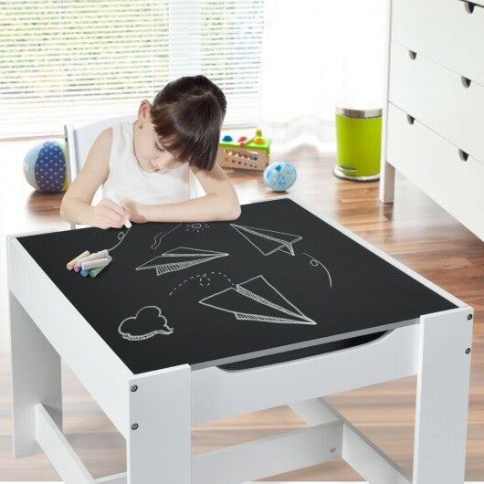 Kids Table Chairs Set With Storage Boxes Blackboard Whiteboard Drawing-White - Color: White