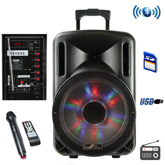 beFree Sound 12 Inch 2500 Watt Bluetooth Portable Party PA Speaker With Illuminating Lights and USB/MicroSD/AUX-in/FM Radio/DV12V Inputs