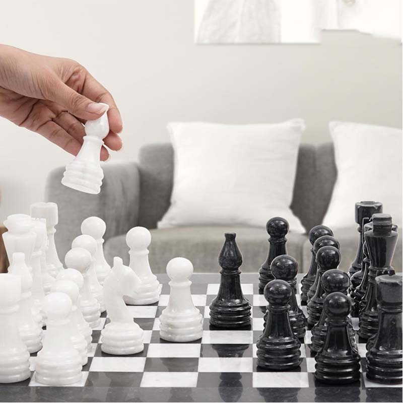 Black and White 15 Inches High Quality Marble Full Chess Set-0