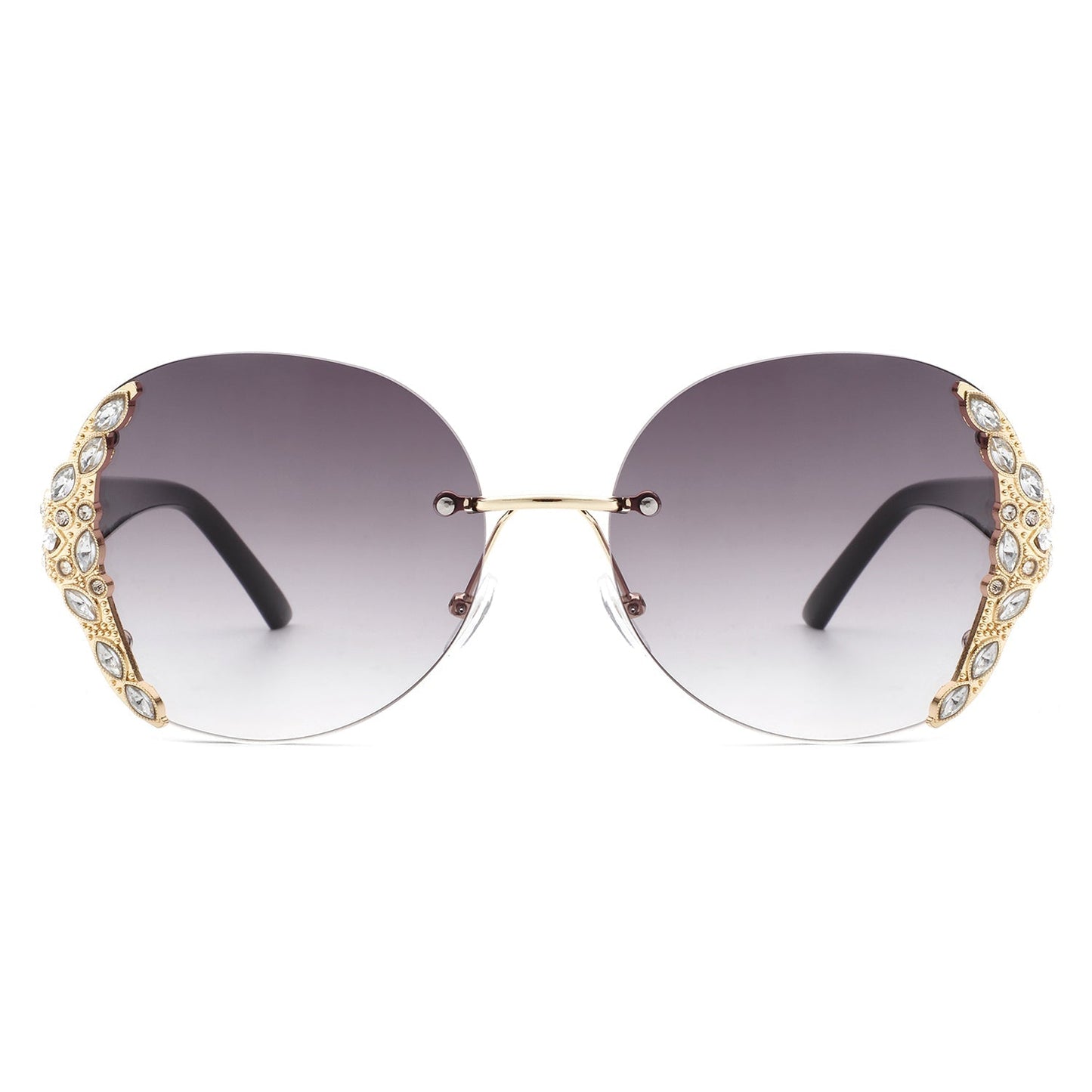 Jadeisle - Women Oval Rimless Rhinestone Design Round Oversize Sunglasses-4