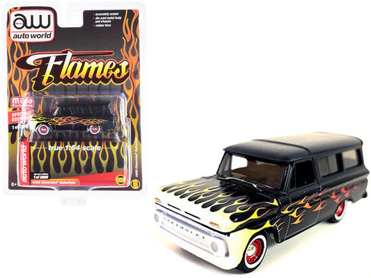 1965 Chevrolet Suburban Custom Matt Black with Flames Limited Edition to 3600 pieces Worldwide 1/64 Diecast Model Car by Auto World-0
