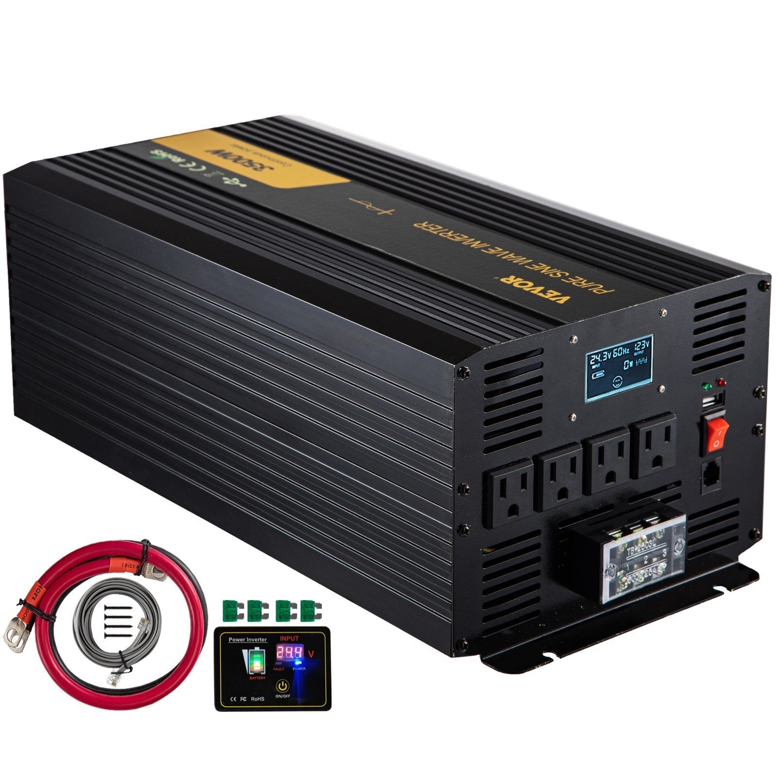 VEVOR Pure Sine Wave Inverter, 3500 Watt Power Inverter, DC 24V to AC 120V Car Inverter, with USB Port, LCD Display, and Remote Controller Power Converter, for RV Truck Car Solar System Travel Camping