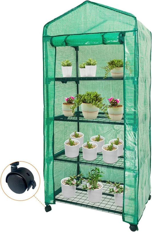 Mini Greenhouse,4 Tier Small Portable Greenhouses Kit with Caster Wheels and Roll-up Zipper PE Cover,Green House for Indoor Outdoor Seedling and Plant Growing (70x50x165cm),Green