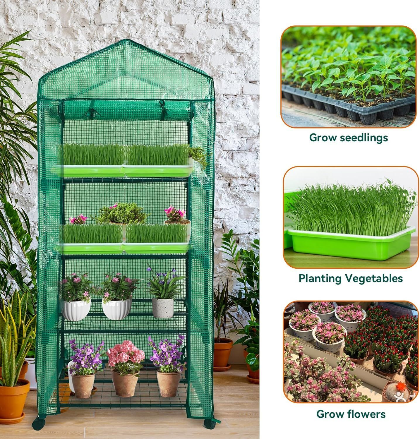 Mini Greenhouse,4 Tier Small Portable Greenhouses Kit with Caster Wheels and Roll-up Zipper PE Cover,Green House for Indoor Outdoor Seedling and Plant Growing (70x50x165cm),Green