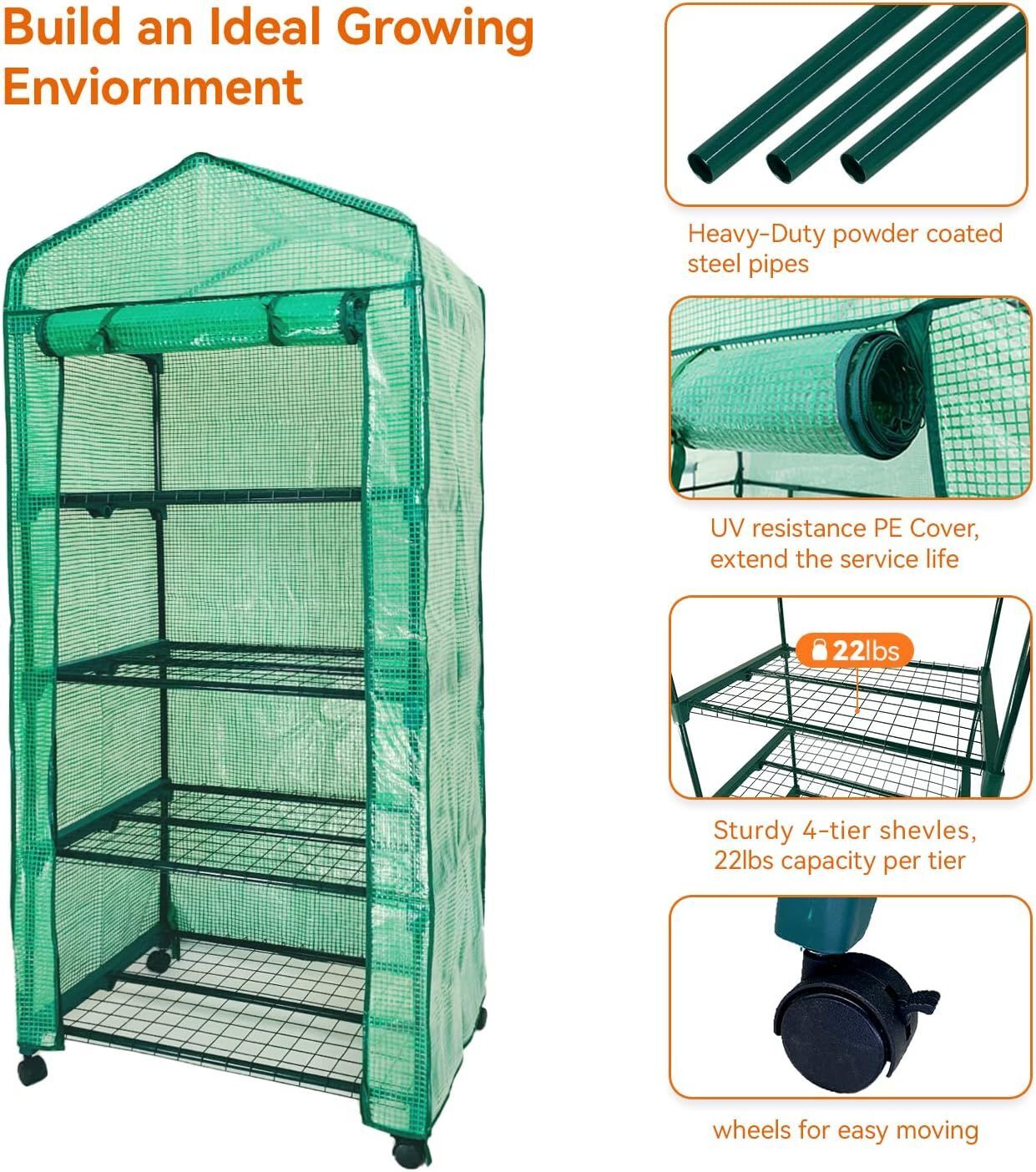 Mini Greenhouse,4 Tier Small Portable Greenhouses Kit with Caster Wheels and Roll-up Zipper PE Cover,Green House for Indoor Outdoor Seedling and Plant Growing (70x50x165cm),Green