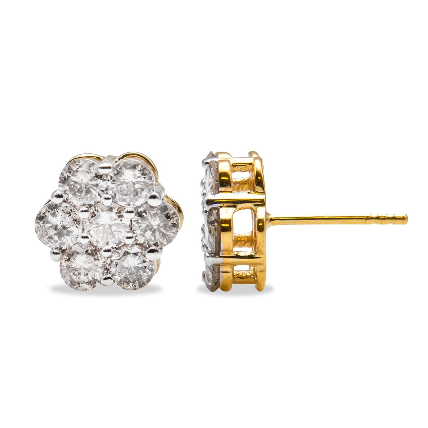 10K Yellow Gold Plated .925 Sterling Silver 2.0 Cttw Diamond Floral Cluster Stud Earrings (J-K Color, I1-I2 Clarity)