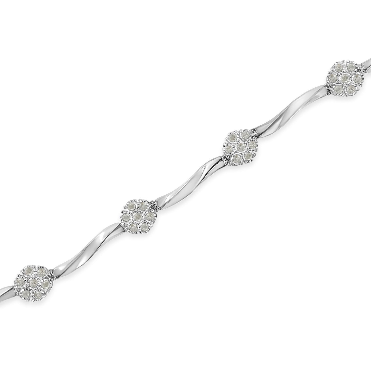 .925 Sterling Silver 1.0 Cttw Diamond Cluster Miracle-Set Station & Twisted Bar 7" Tennis Bracelet (H-I Color, I1-I2 Clarity)