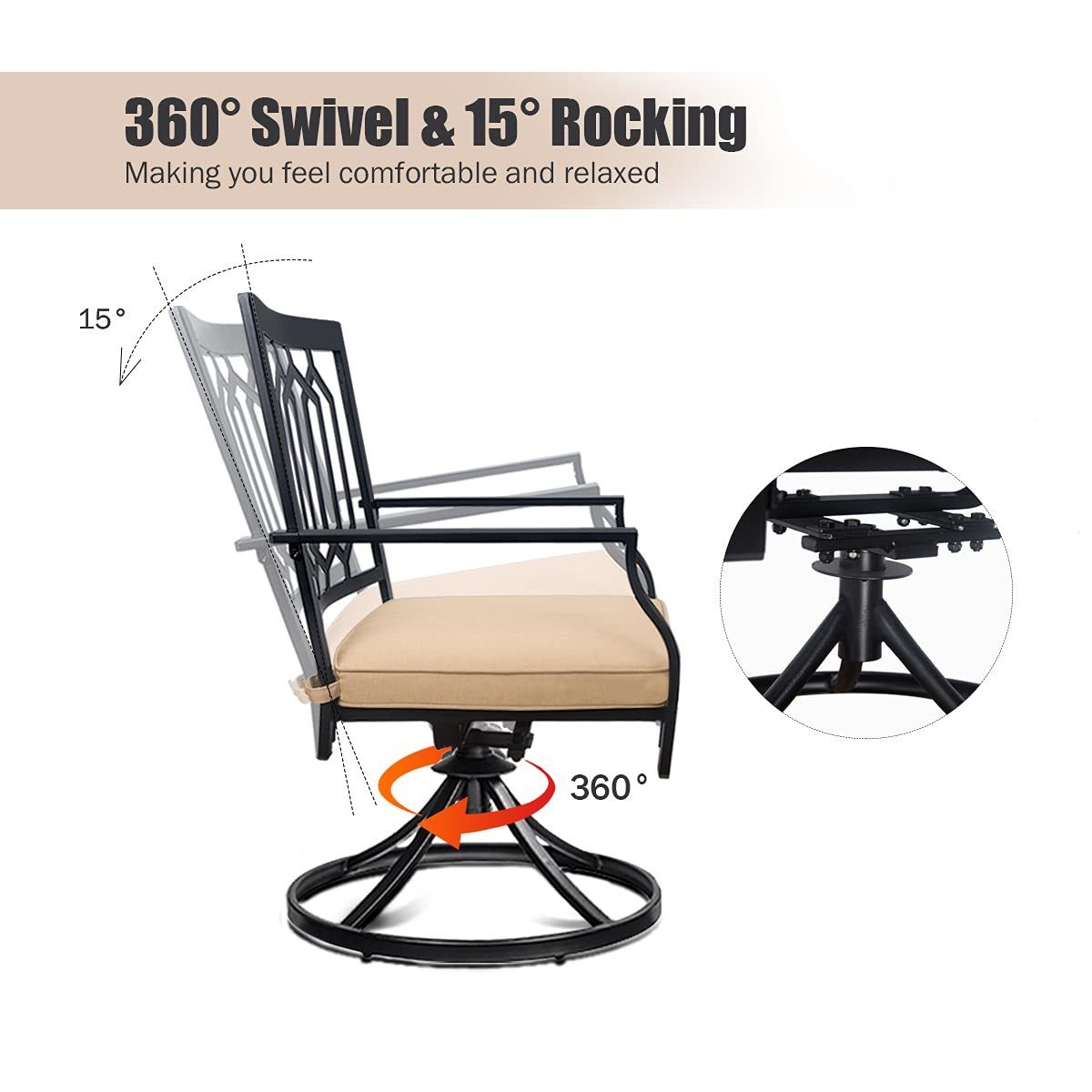 Outdoor Swivel Chairs Set of 6 Patio Metal Dining Rocker Chair with Cushion Surports 300 lbs for Garden Backyard Poolside,Black (2pcs Black-Lattice)