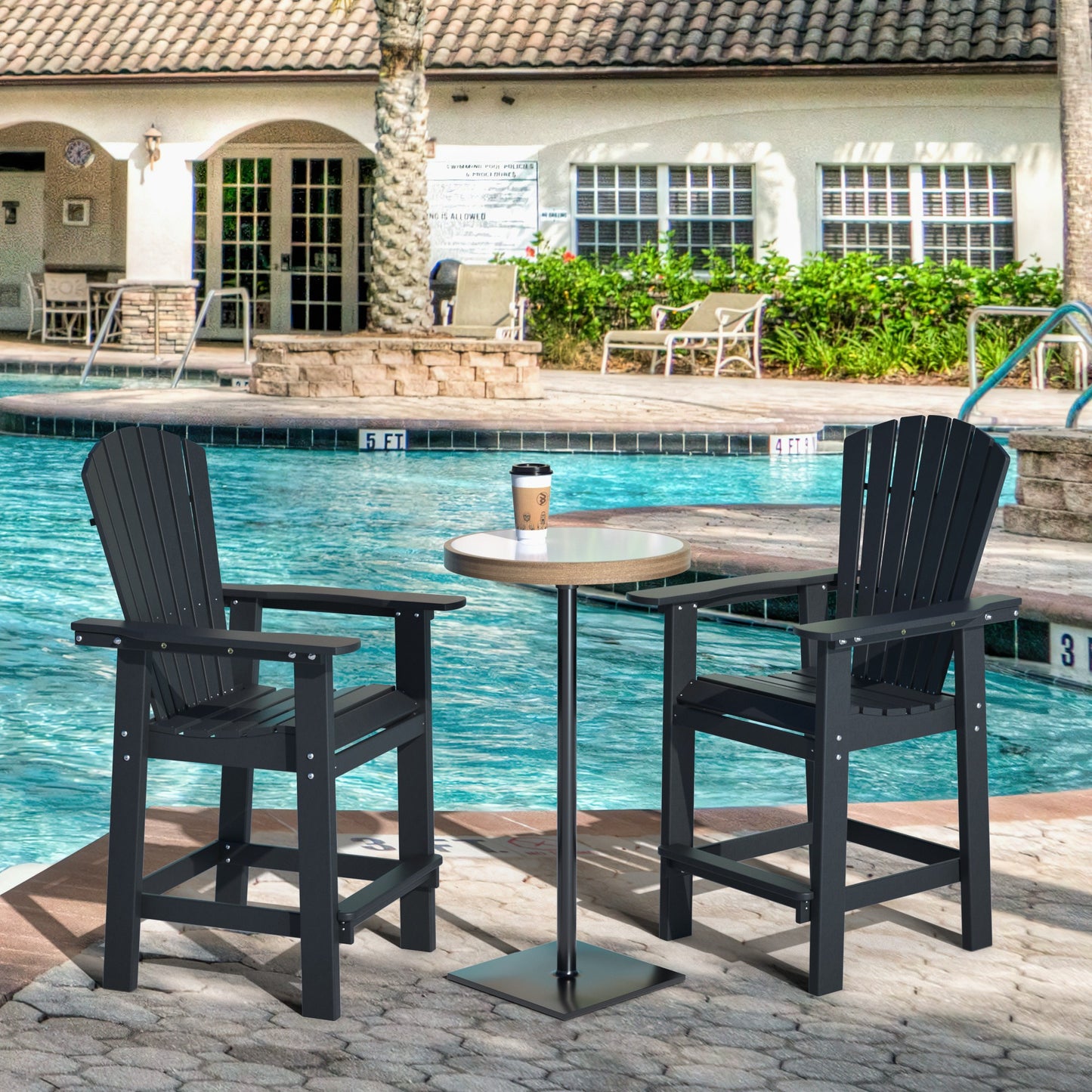 Patio Bar Stools Adirondack Arm Chairs Set of 2, All Weather Outdoor Furniture Wood-Like HDPE Deck Backyard Garden Dining Chairs, Beach Balcony Chair Barstool with Removable Table