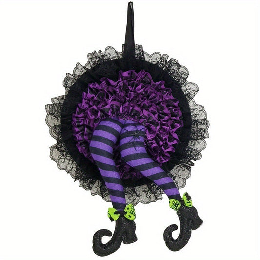 1pc, Halloween Explosion Wreath Witch Leg Hanging Decorations, Witch's Leg Halloween Wreath-Halloween Front Door Decoration Lace Spider Wreath