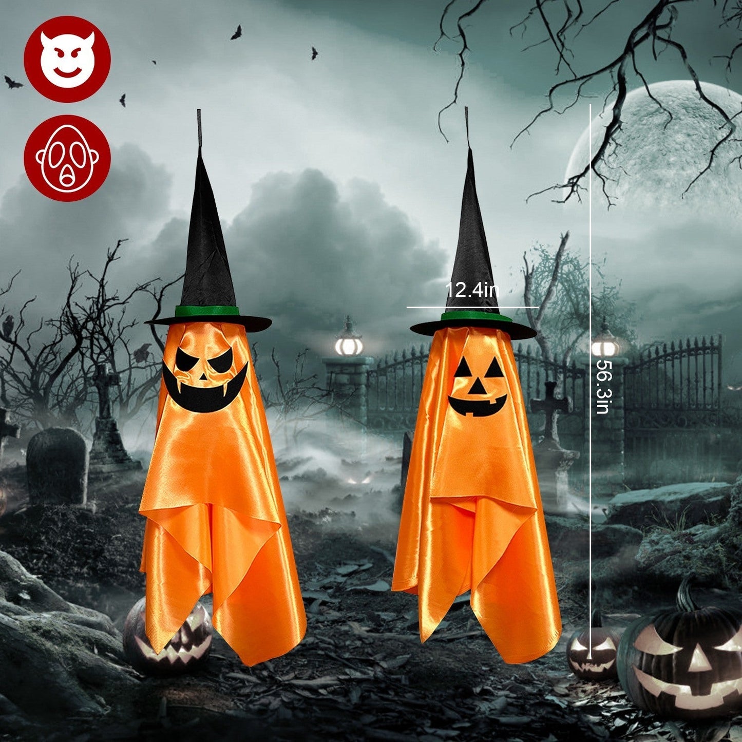 2 Pack Hanging Ghosts with Wizard Hat Snicker Scary Face Halloween Party Hanging Decorations Pumpkin Wizard Hat for Eave Tree Porch