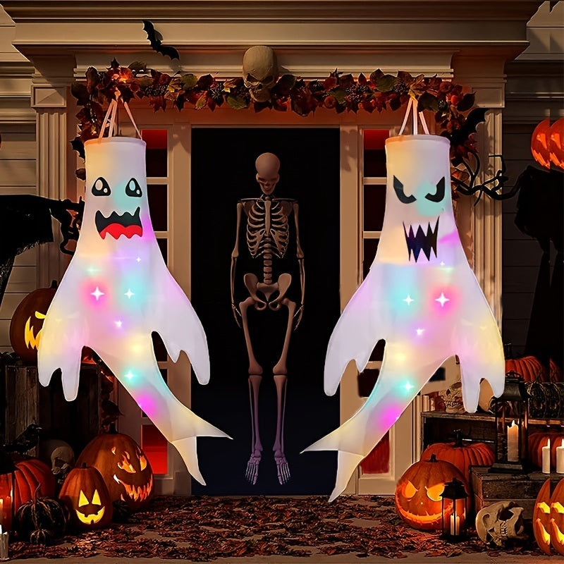 2pcs, 47" Halloween Ghost Windsocks Decorations With LED Light Outdoor Halloween Decorations Hanging Ghost Windsocks D?cor For Halloween