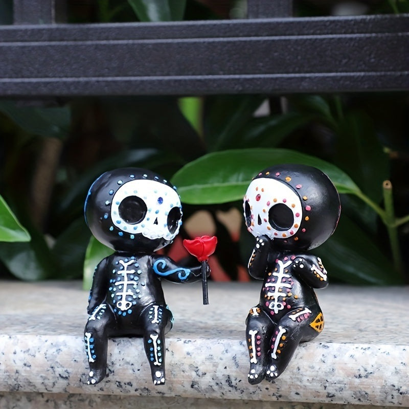 2pcs Sugar Head Doll, Resin Decoration Crafts Halloween Skull Couple Statue Resin Ornament,Valentine's Day, Room Decor, Home Decor,Halloween Room Decor Goth, Ghost Face, The Day Of Dead Decor