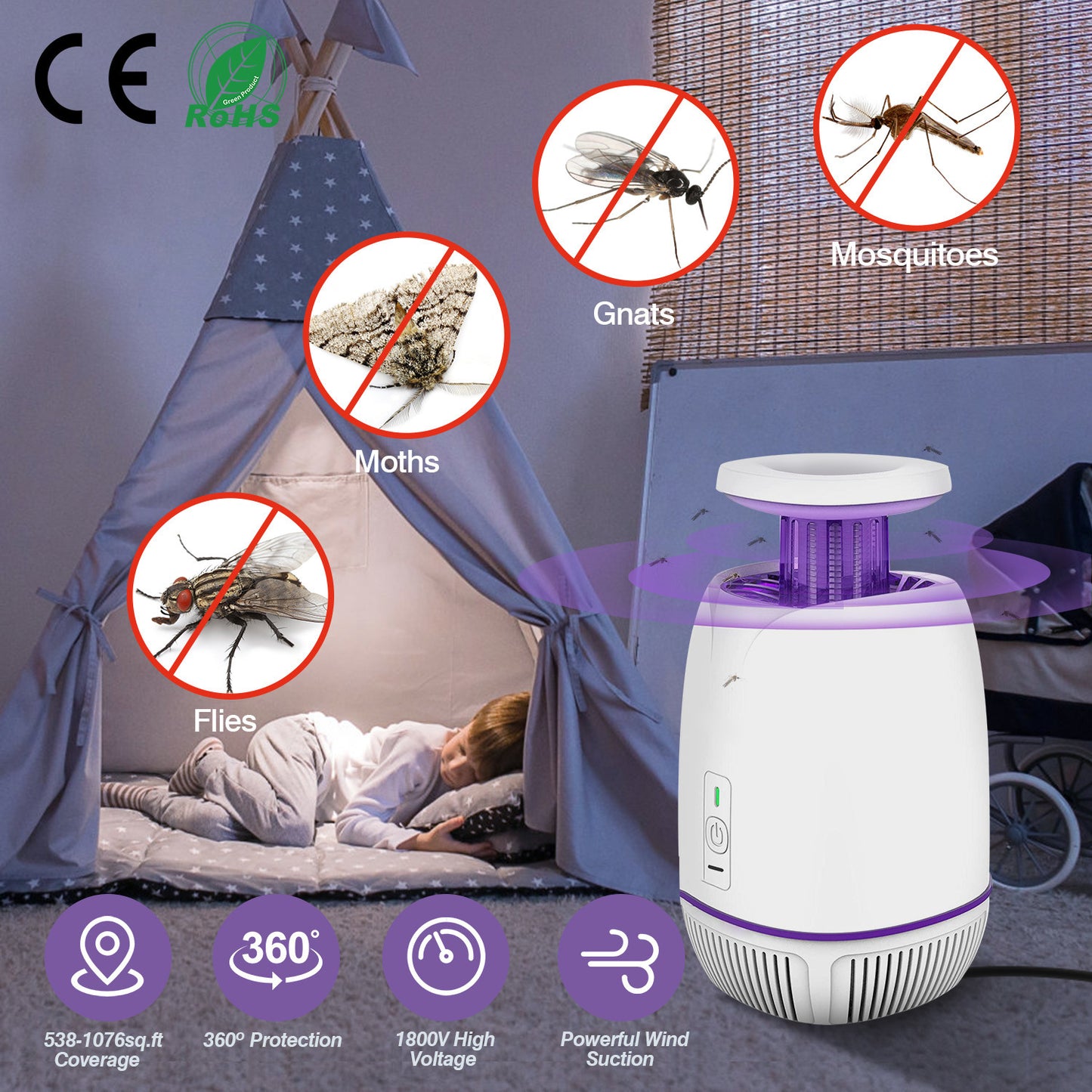 Plug-in Mosquito Zapper Max 1076Sq.Feet Range Electric Fly Zapper with 3 Modes Mosquito Killer Lamp for Indoor Outdoor