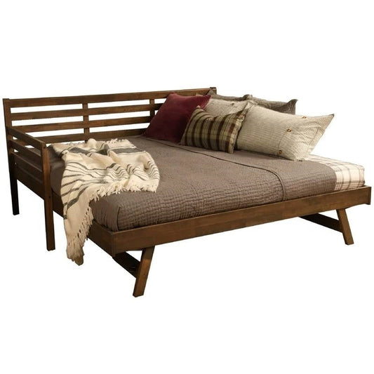 Solid Wood Daybed Frame with Twin Pop-Up Trundle Bed in Walnut Finish