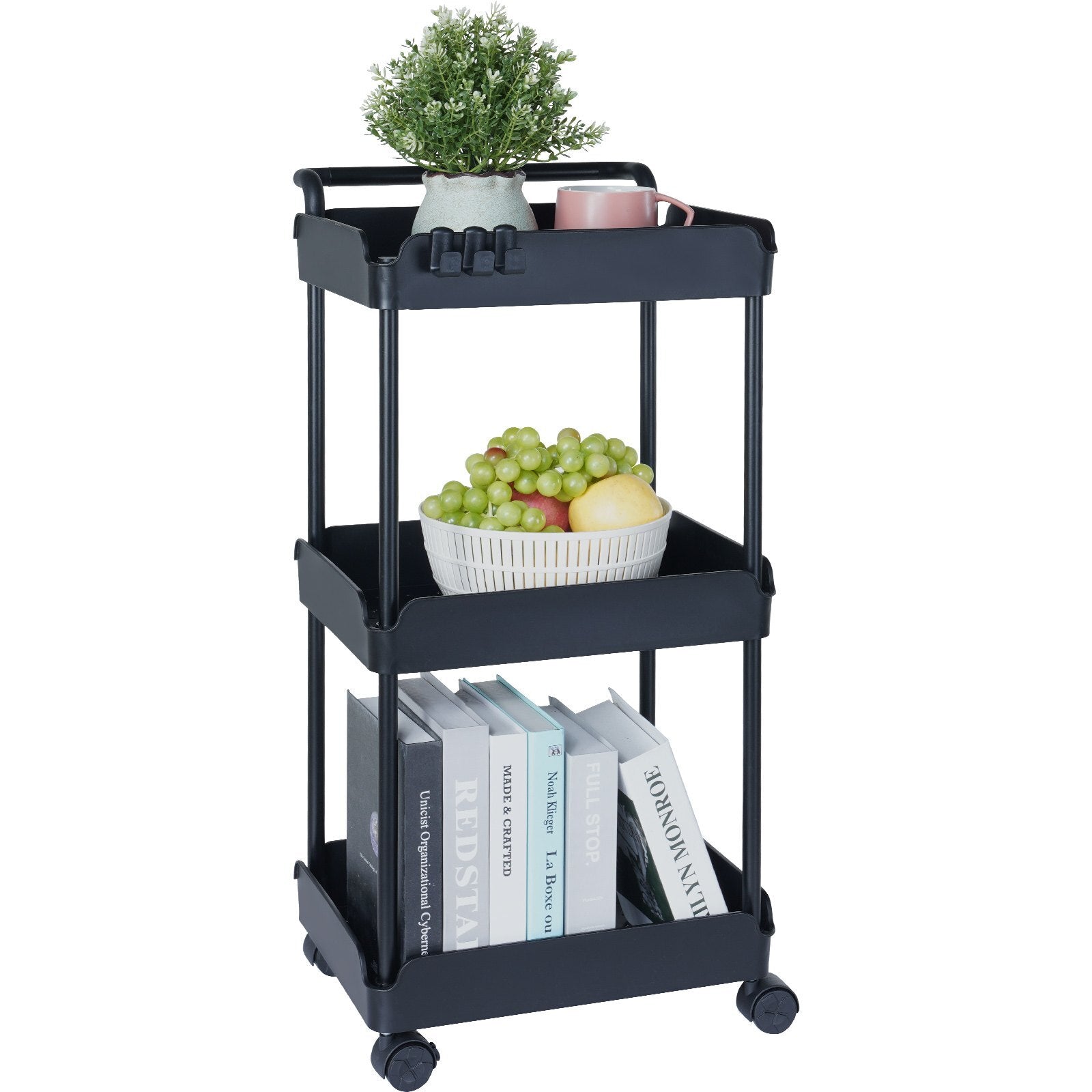 VEVOR 3-Tier Rolling Utility Cart, Kitchen Cart with Lockable Wheels, Multi-Functional Storage Trolley with Handle for Office, Living Room, Kitchen, Movable Storage Basket Organizer Shelves, Black