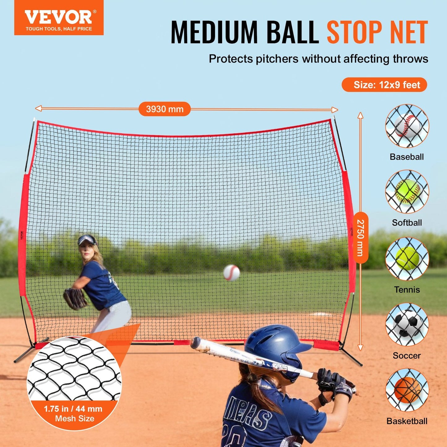 VEVOR Barricade Backstop Net, 12x9 ft Ball Sports Barrier Netting, Portable Practice Equipment with Carry Bag, Protection Screen for Baseball Softball Lacrosse Soccer Hockey Training, for Backyard