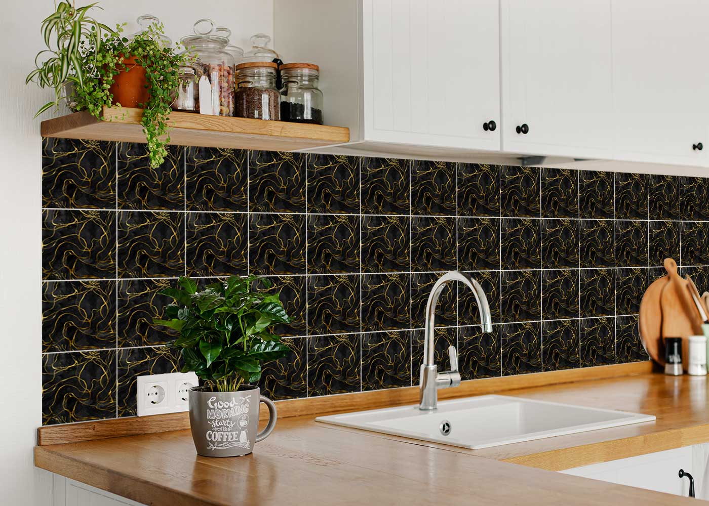 Beautiful Black backsplash with Orange and Marble look Easy to install Tile Stickers - R35-1