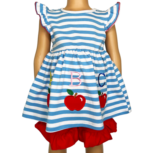 Girls Blue Stripped Back to School Apple Top with Red Ruffle Shorts-0