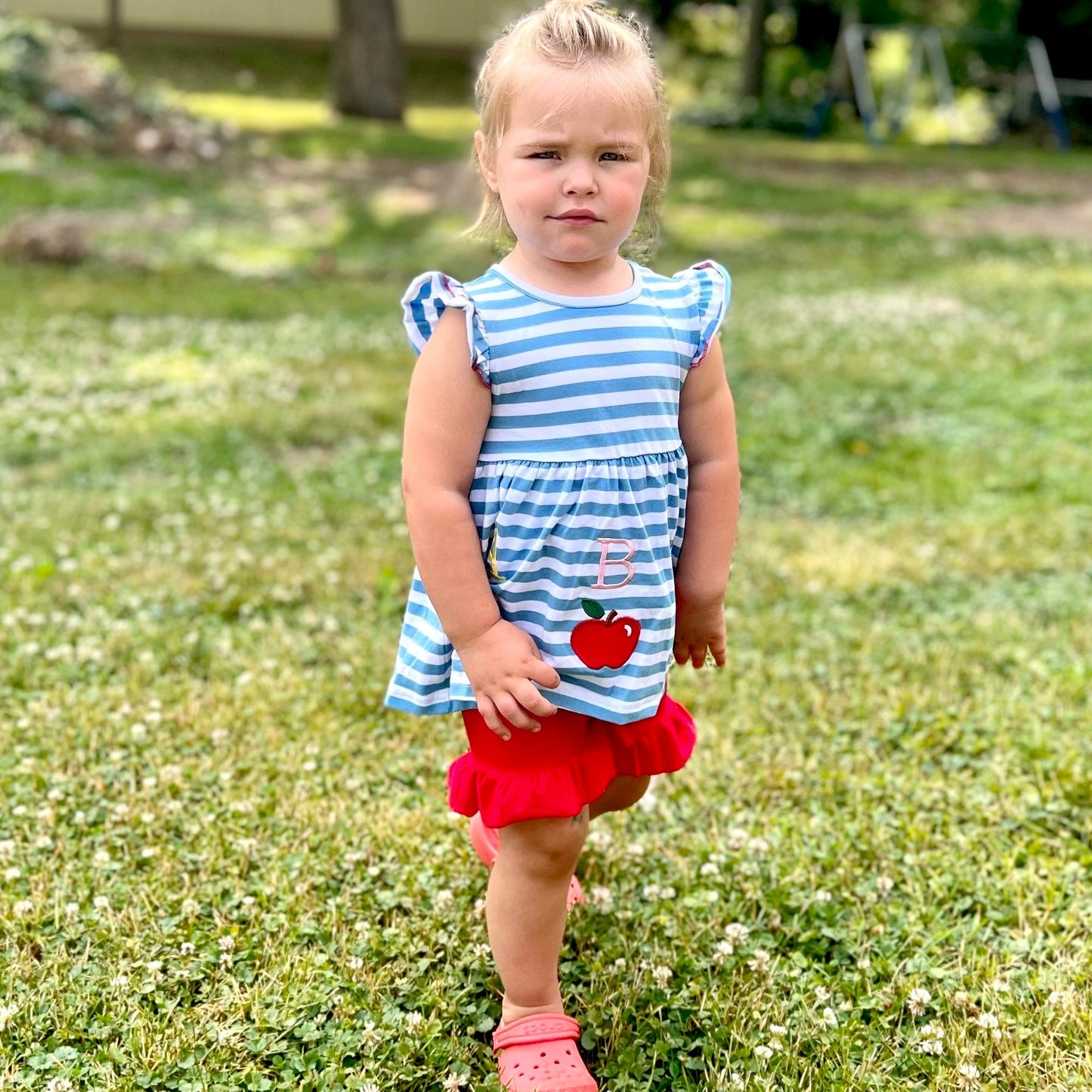 Girls Blue Stripped Back to School Apple Top with Red Ruffle Shorts-4