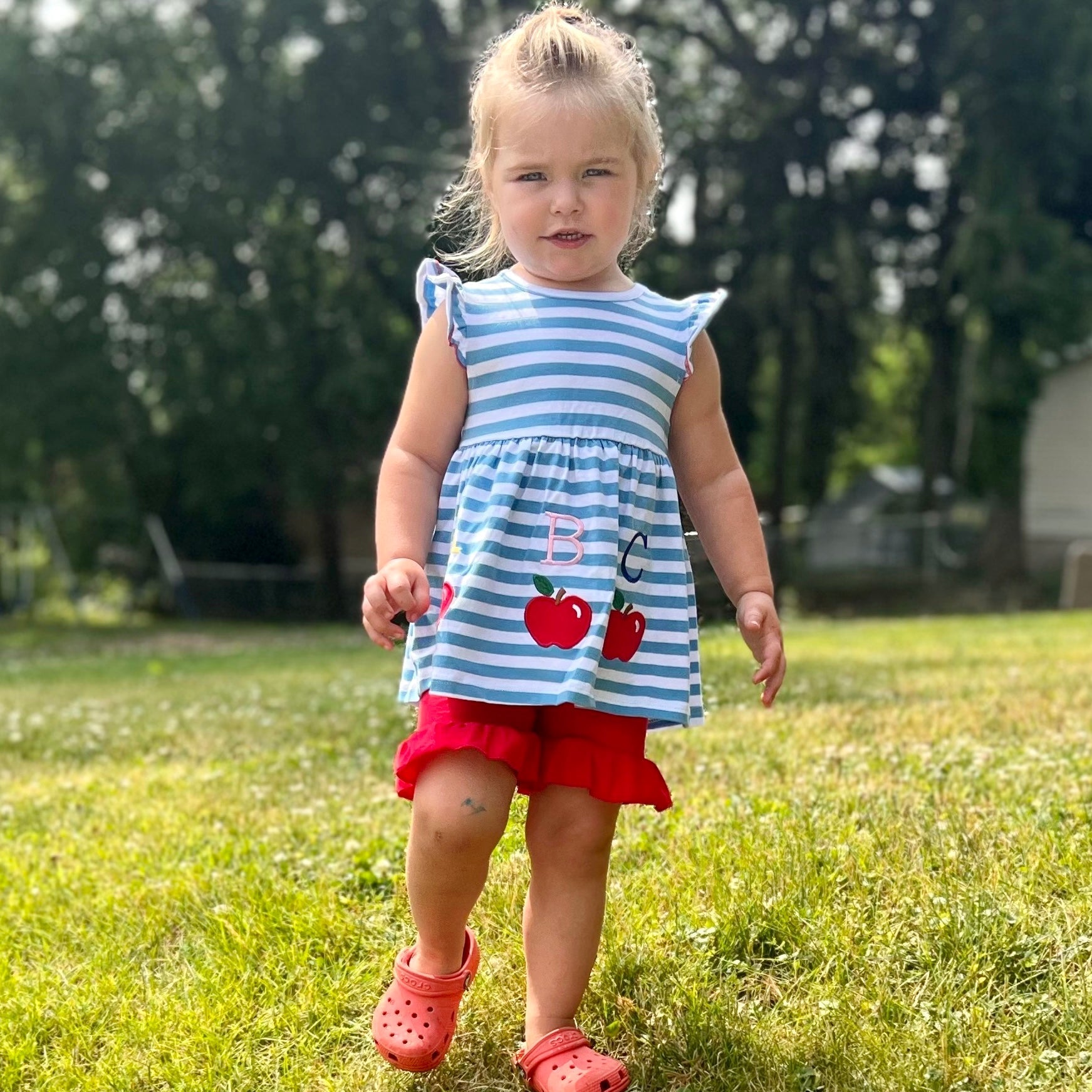 Girls Blue Stripped Back to School Apple Top with Red Ruffle Shorts-3