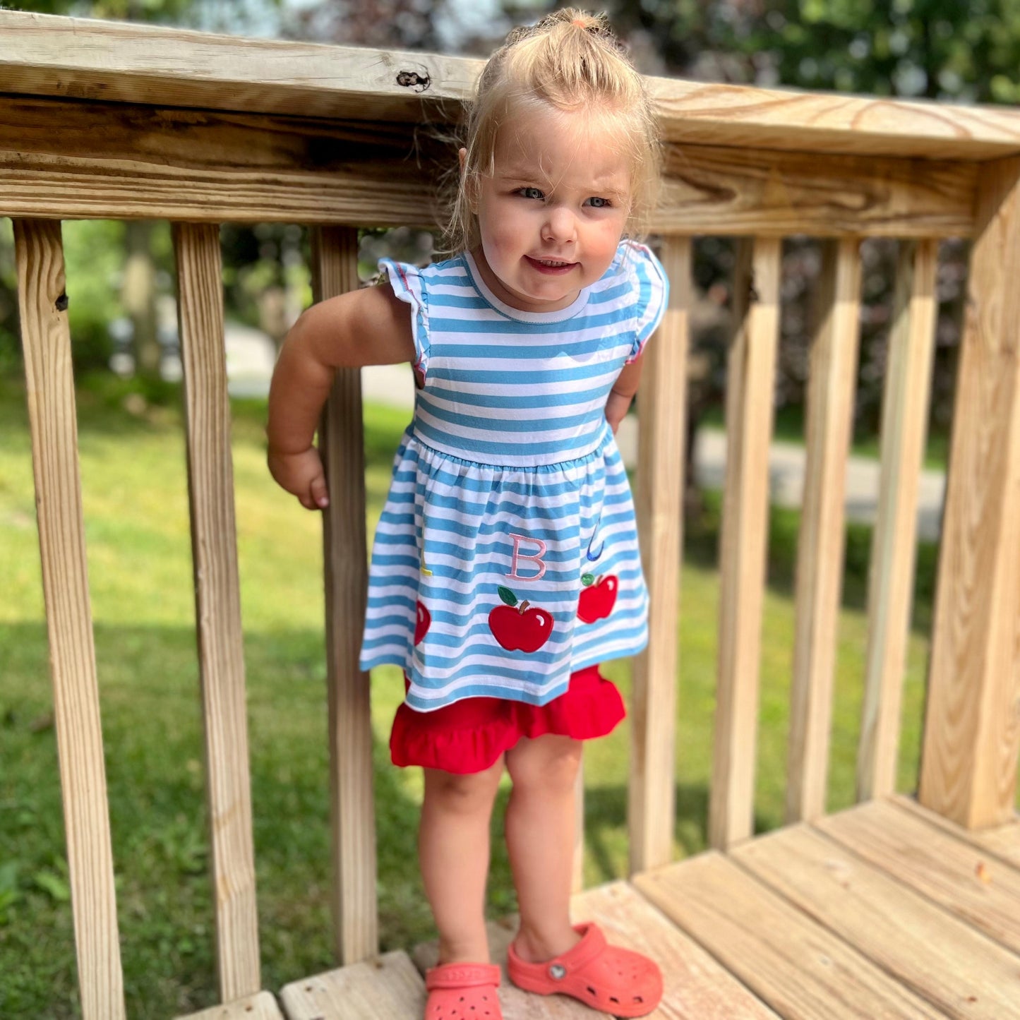 Girls Blue Stripped Back to School Apple Top with Red Ruffle Shorts-2