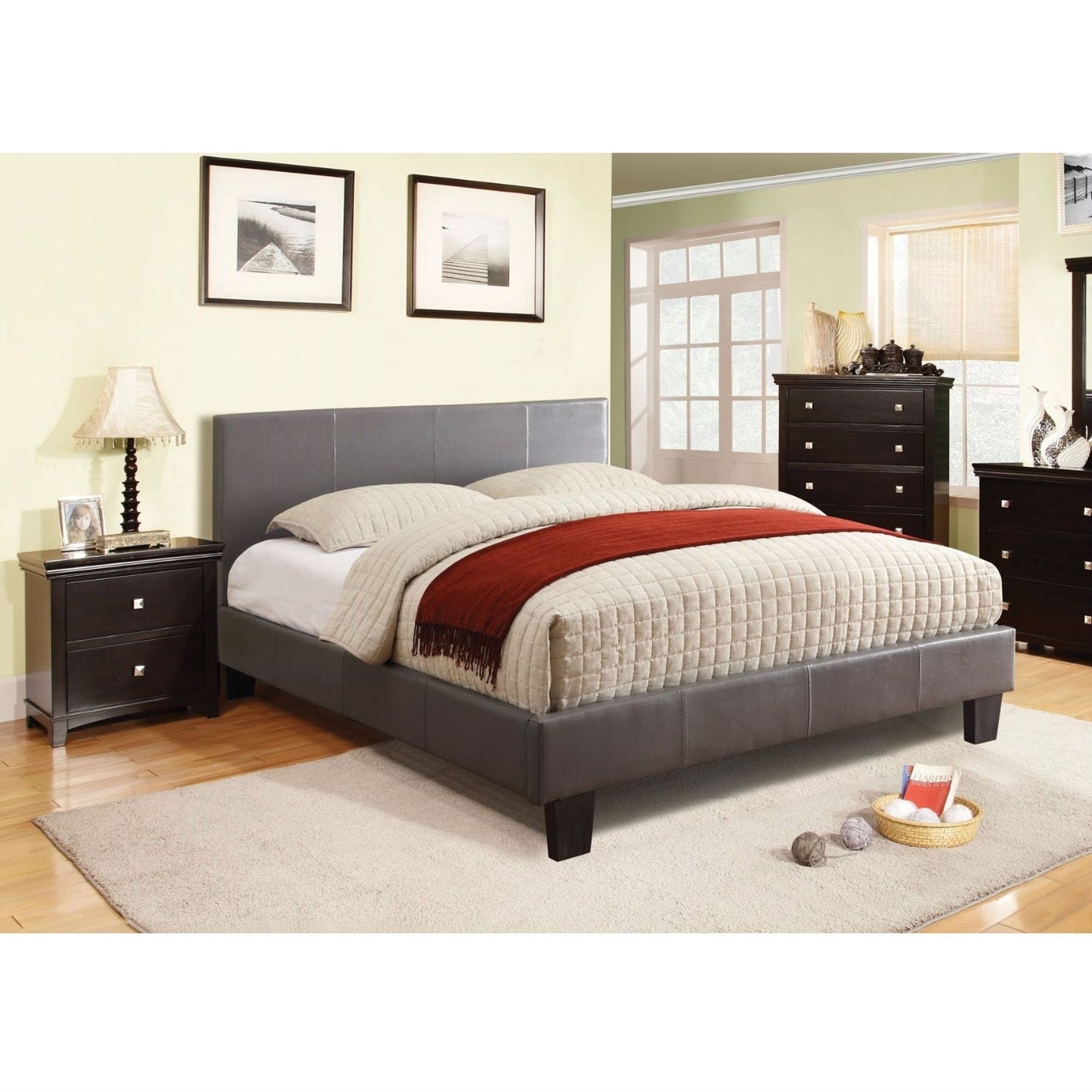 Full size Platform Bed with Headboard Upholstered in Gray Faux Leather