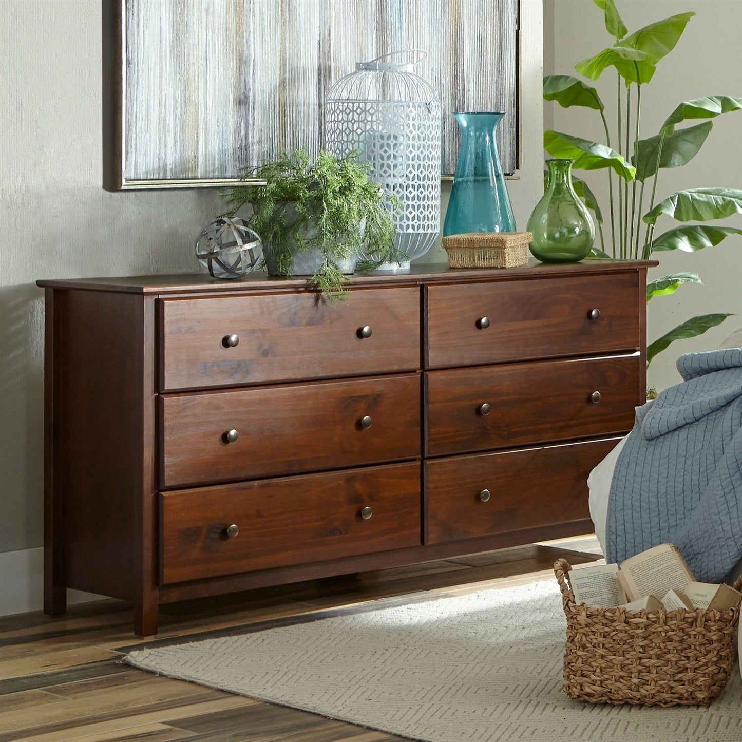 Farmhouse Solid Pine Wood 6 Drawer Dresser in Cherry Finish-4