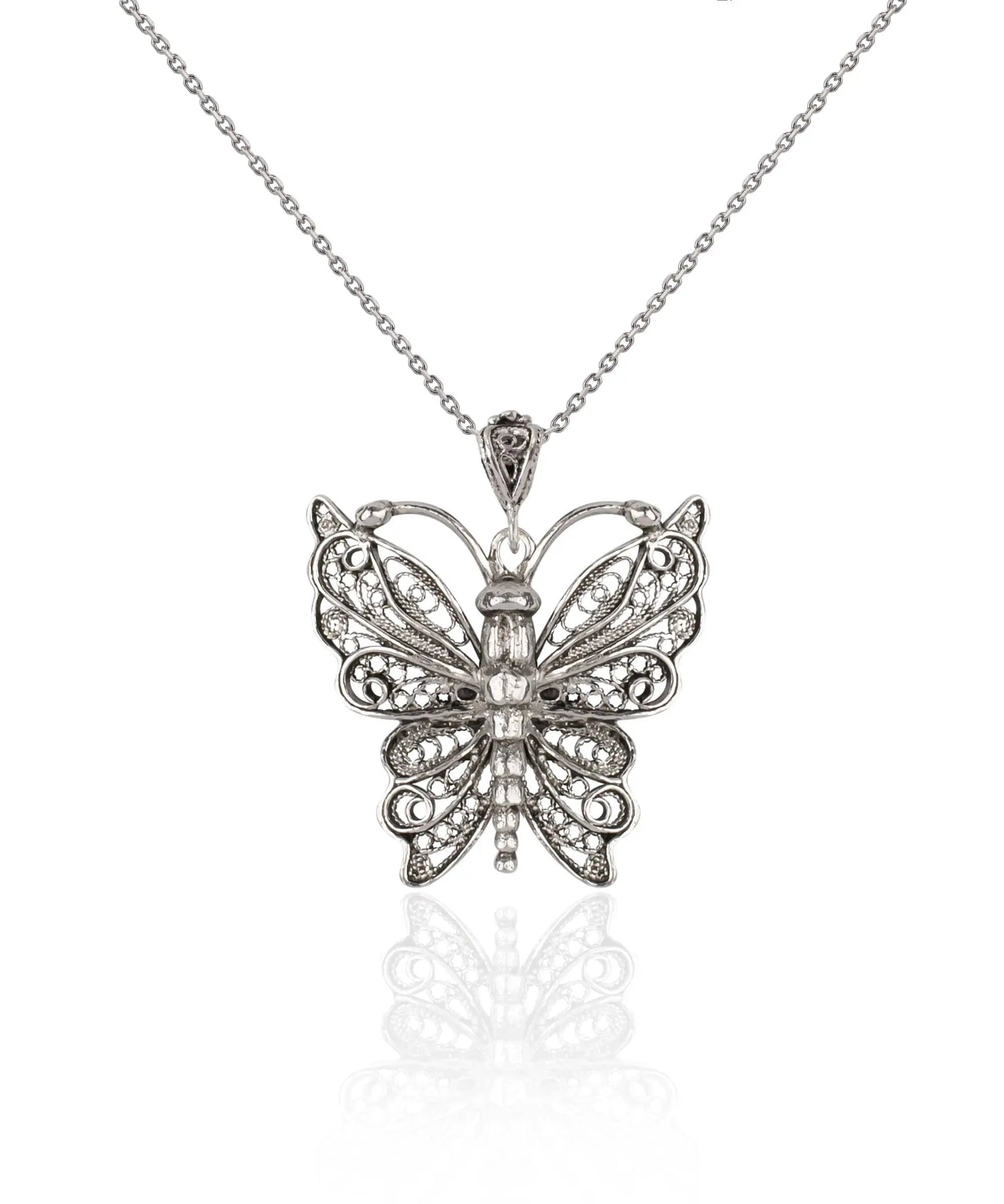 Filigree Art Butterfly Design Women Silver Pendant Necklace-0